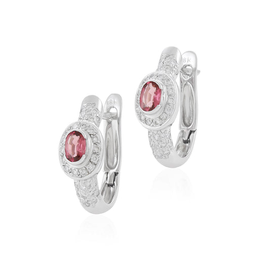 18ct white gold earrings with diamonds and a pink gemstone 02028444