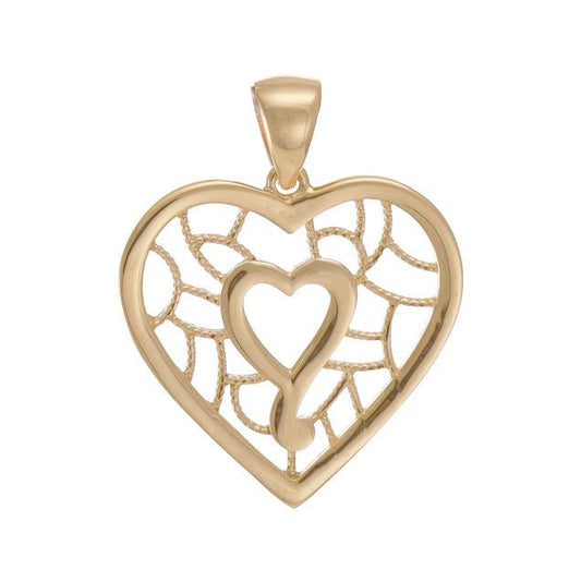 New 14ct Solid Gold Patterned Double Heart Pendant - 27mm PD60105-14Y