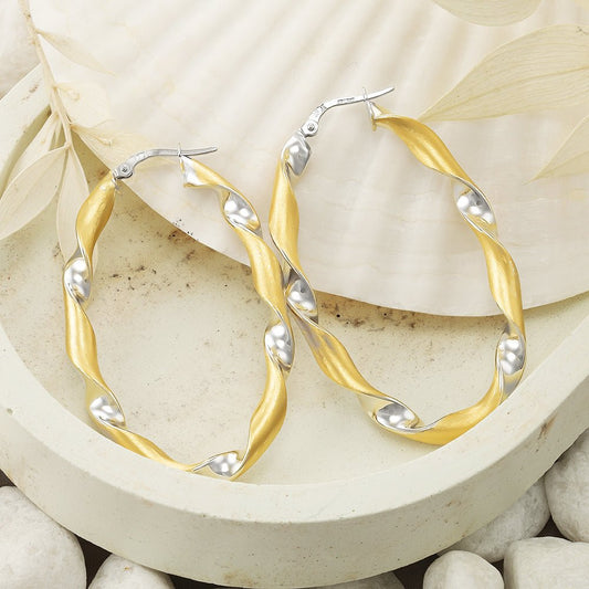 18ct Solid Yellow & White Gold Twisted Creole Earrings TE0434