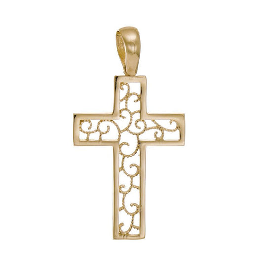 14ct Solid Gold Floral Design Cross Pendant - 35mm PD60096-14Y