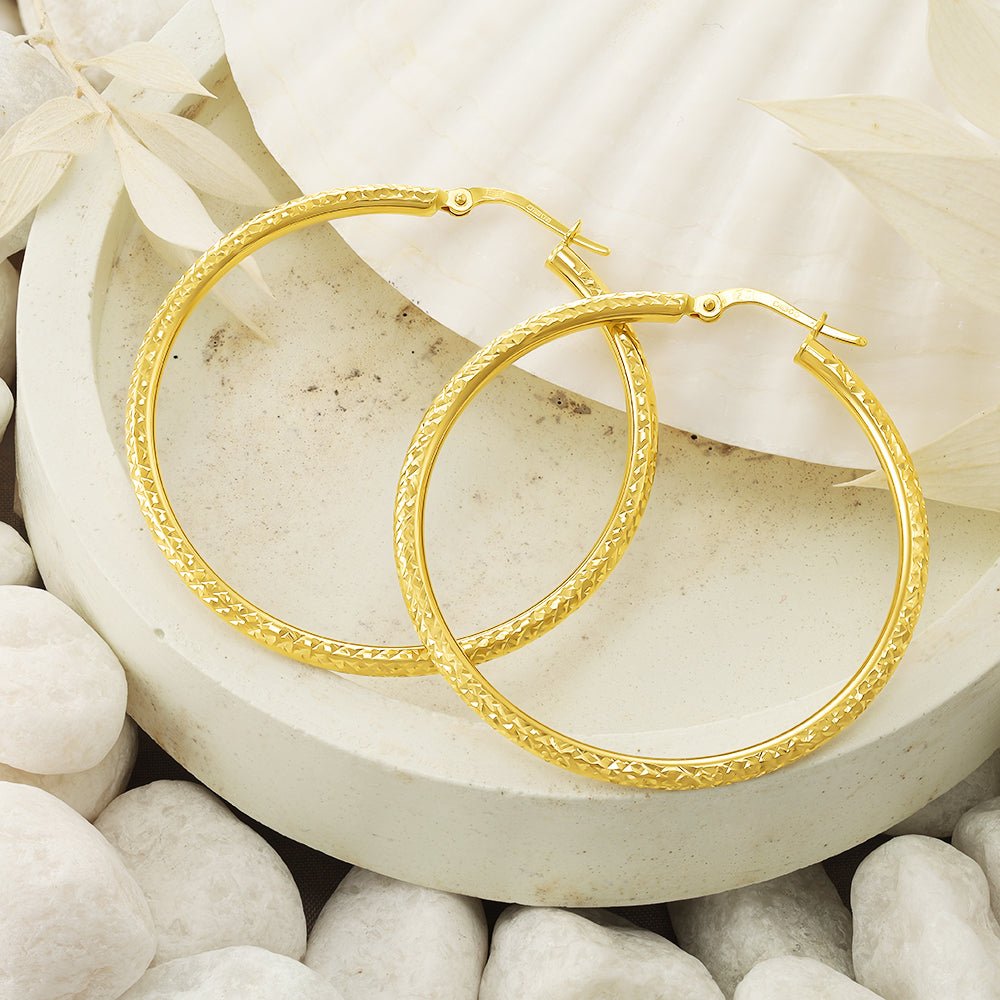 18ct Solid Yellow Gold Diamond Cut Hoop Earrings TEDC0350